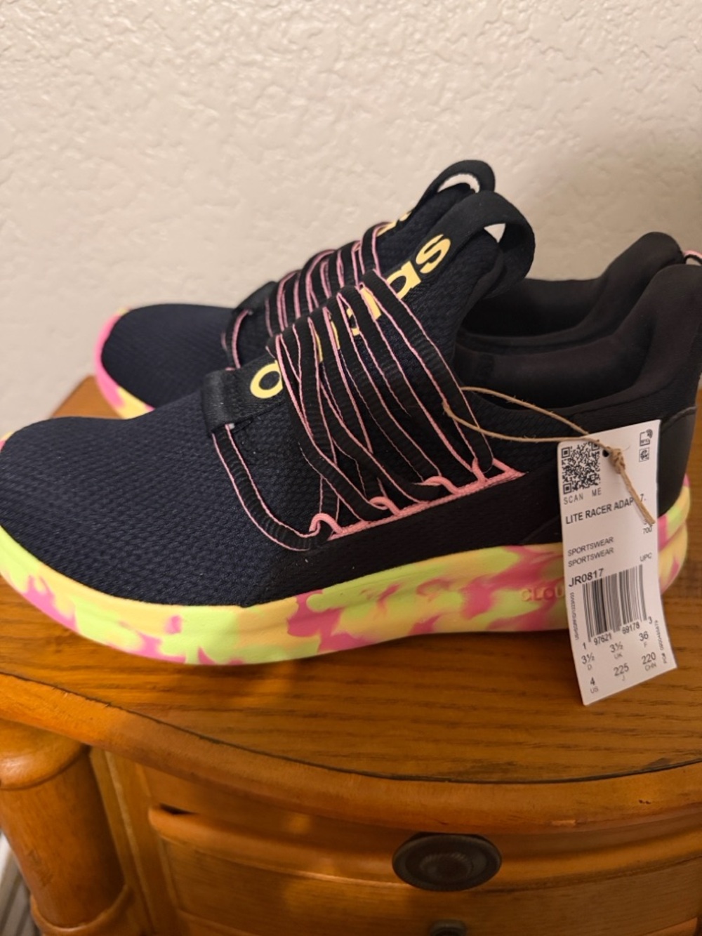 adidas Kids Slip-On Sneakers in Black with Pink & Yellow Accents